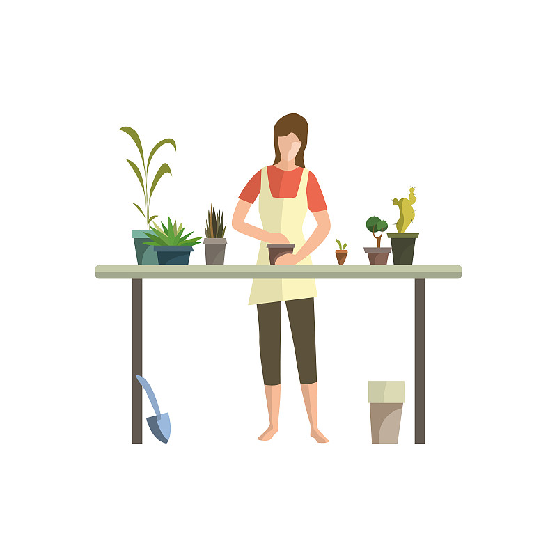忙碌,室内植物,平坦的,计算机图标,青年女人,贺卡,一个物体,背景分离,植物,站