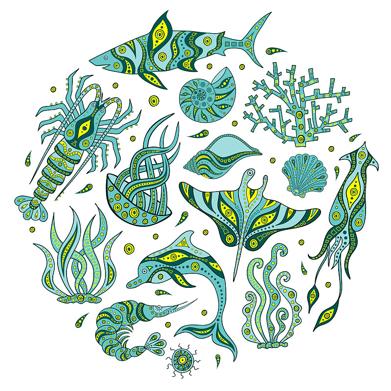 绘画插图,海洋生命,矢量,动物手,背景分离,野生动物,海豚,魟鱼,鲨鱼