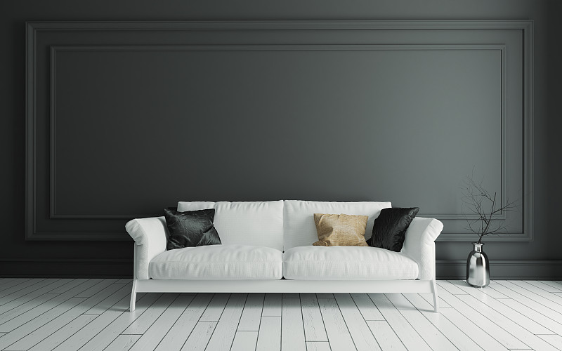 沙发,墙,简单,白色,三维图形,边框,硬木地板,空的,纺织品,写实