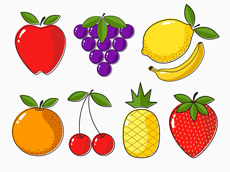 矢量,香蕉,简单,葡萄,菠萝,柠檬,樱桃,苹果,橙色,设计