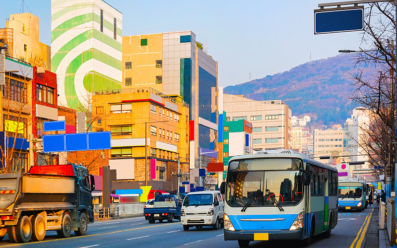 路,交通,釜山,早晨,城市,街道,中心,汽车,热带气候,公路
