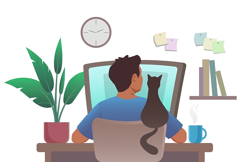 猫,男人,使用电脑,咖啡杯,背景分离,杯,花盆,仅男人,工作,相伴