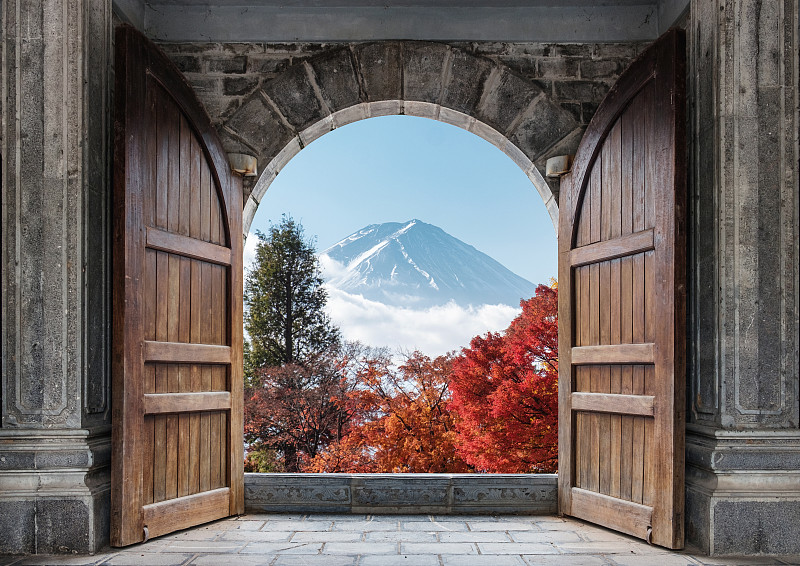 门,巨大的,木制,蓝色,天空,开着的,秋天,布希曼族,枫树,富士山