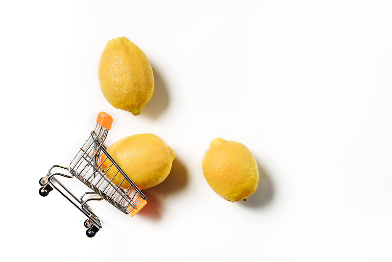 柠檬,超级市场,三个物体,手摇车,分离着色,文字,白色背景,蔬菜,篮子,布置