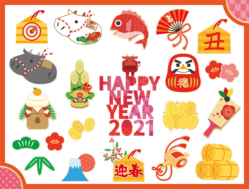 新年,2021,材料,镜饼,传统,著名自然景观,十二生肖,牛,动物,布置