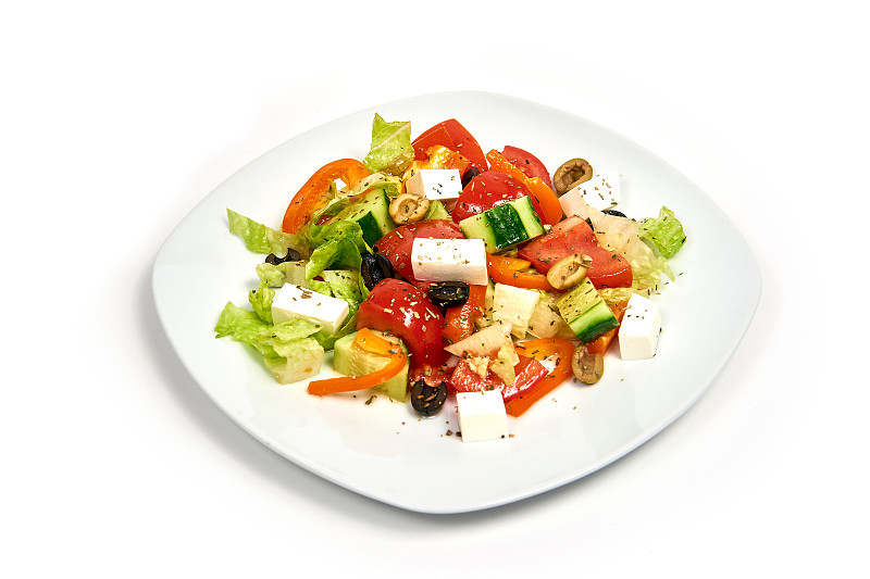 白色背景,盘子,分离着色,希腊沙拉,蔬菜,菜单,清新,莴苣,装饰菜,午餐