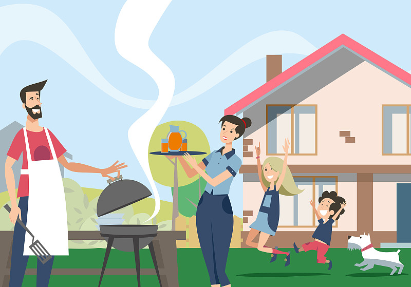 家庭,后院,格子烤肉,草坪,父母,烧烤,享乐,烹调,相伴