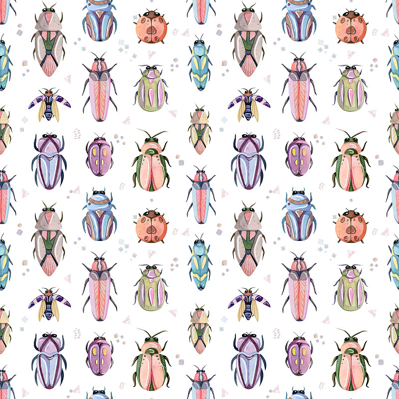 昆虫,四方连续纹样,甲虫,卡通,手工着色,水彩画,动物主题,水彩画颜料,背景分离
