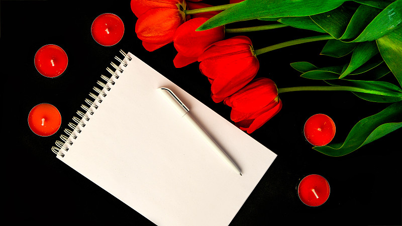 留白,水笔,笔记本,红色,郁金香,空白的,分离着色,贺卡,蜡烛,黑色背景