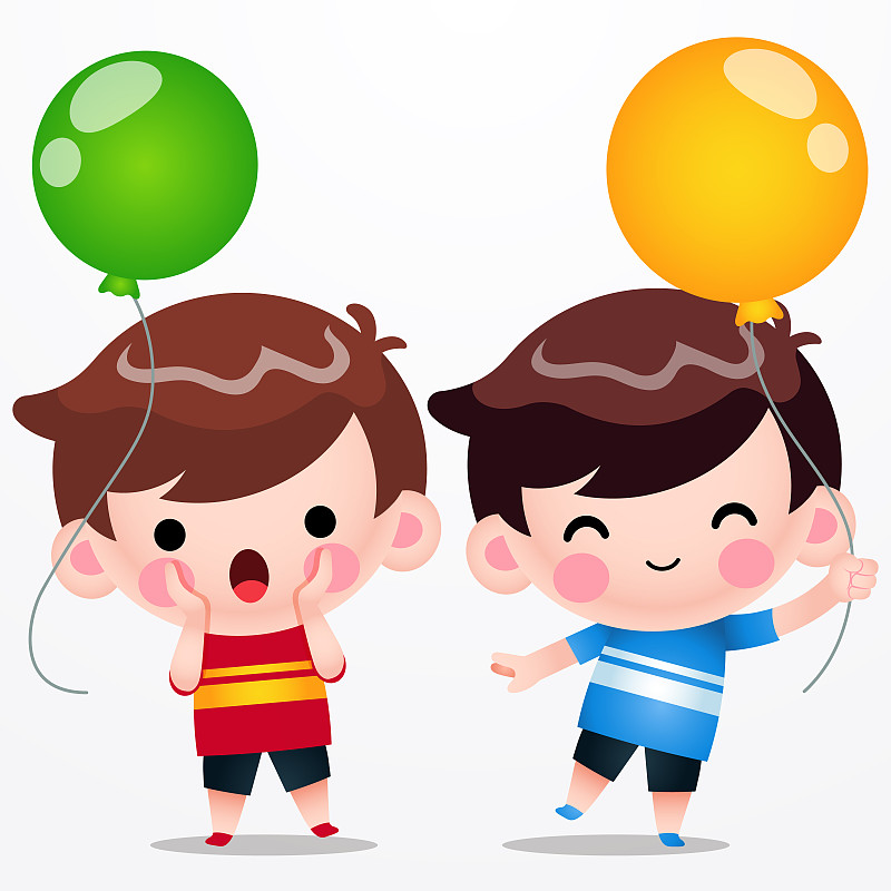 拿着,气球,卡通,矢量,可爱的,男孩,双胞胎,行动,相伴