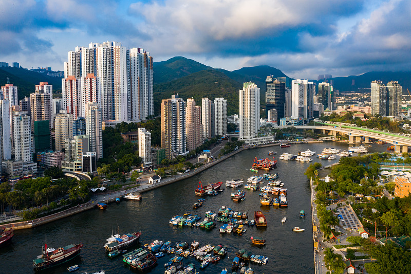 无人机,香港仔,都市风景,海湾,过时的,渔业,云,客轮