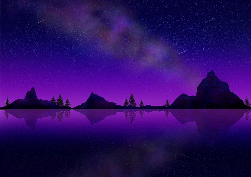 星星,紫色,夜晚,岩石,银河系,湖,风景插画,暗色,户外,天空