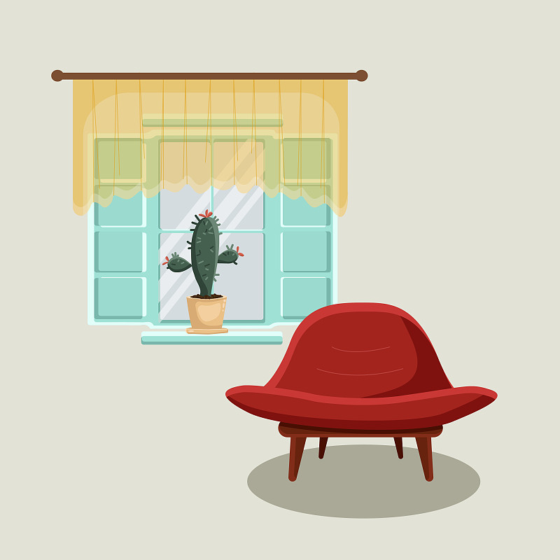 仙人掌,窗户,窗帘,室内,现代,椅子,公寓,舒服,地板,复古风格