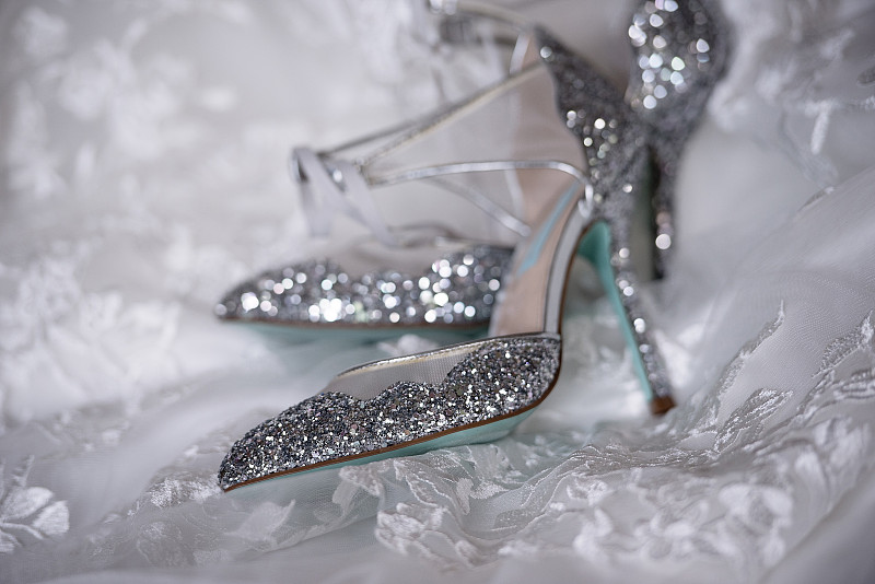 鞋子,闪亮的,婚礼,白色,新娘,婚纱,早晨,银色,凉鞋,一对