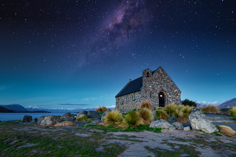 夜晚,好牧羊人教堂,星星,小礼拜堂,帝卡波湖,新西兰,天空,桨叉架船,在下面,被抛弃的