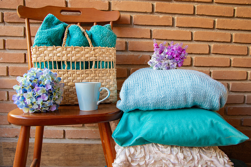 毛巾,多色的,华丽的,背景分离,纺织品,砖,舒服,软垫,椅子,堆