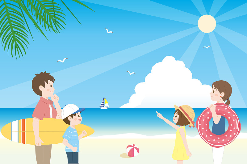 家庭,夏天,橡胶游泳圈,仅日本人,海滩充气球,云,儿童,日本人,兄弟姐妹,少女