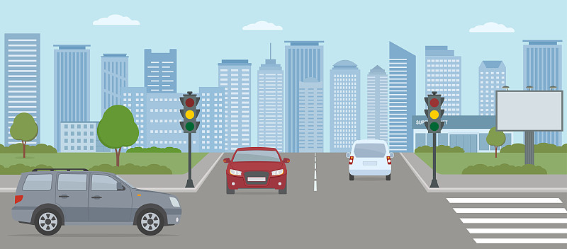交通,绘画插图,城市生活,现代,红绿灯,十字路口,汽车,路口,公路,交通方式