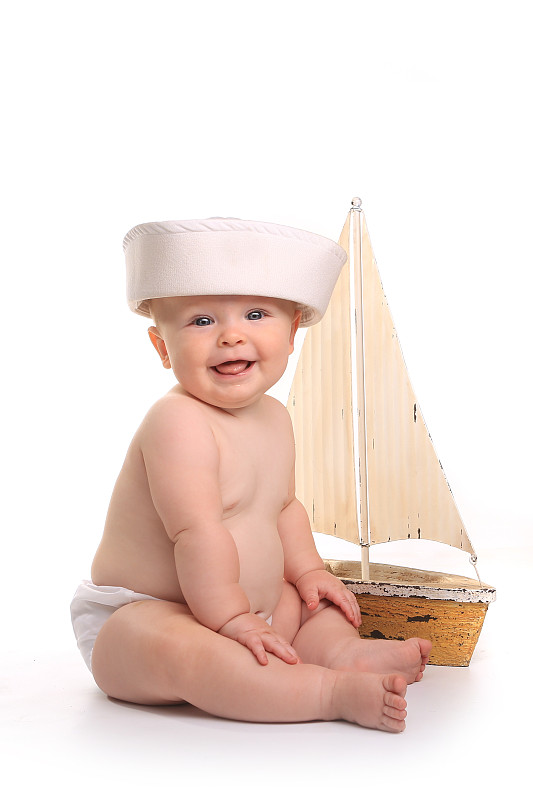 白色背景,幸福,婴儿,衣服,水手帽,幼儿,可爱的,肖像,一个人,眼睛