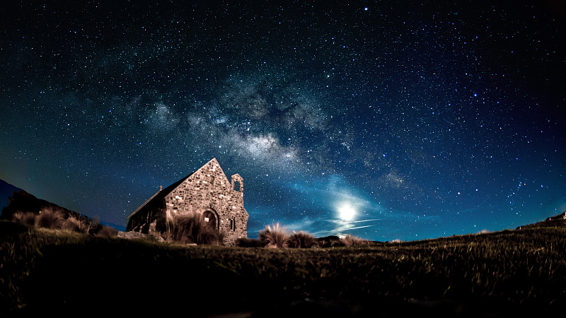 天空,教堂,帝卡波湖,夜晚,银河系,星星,在上面,新西兰南岛,背景,长的