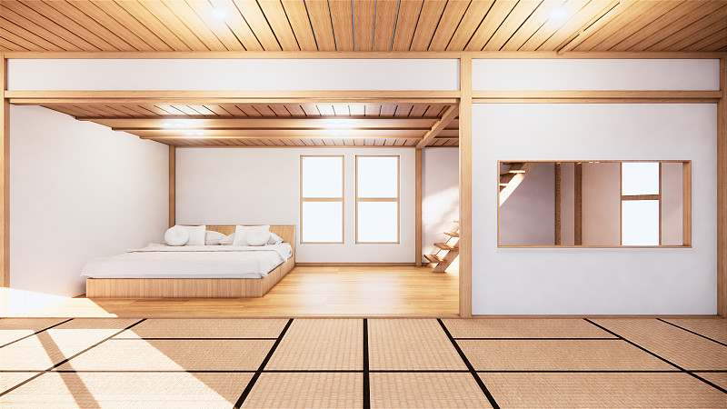 卧室,三维图形,床,木制,墙,佛教,样板间,极简构图,轻蔑的,正下方视角