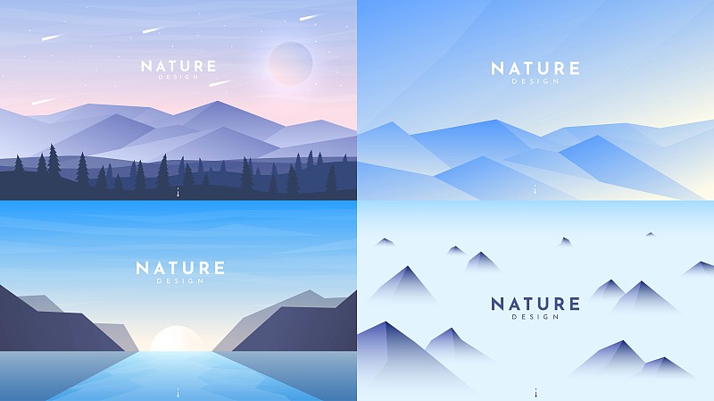 绘画插图,地形,山,森林,矢量,雾,北极,平坦的,极简构图,四只动物