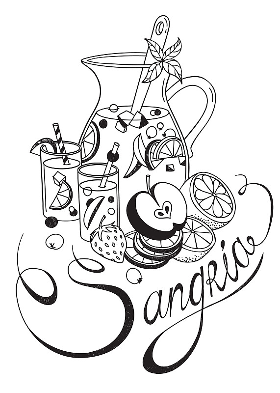 水罐,草图,桑格利亚鸡尾酒,水果,两个物体,多样,文字,玻璃杯,饮料,水壶