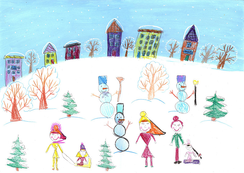冬天,绘画插图,动物雪车,儿童,水彩画,水彩画颜料,云景,摩尔多瓦共和国,云,涂料