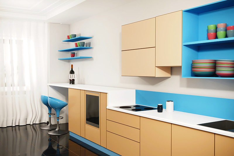 蓝色,现代,厨房,三维图形,室内,绘画插图,米色,不锈钢,杯,舒服