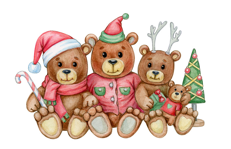 熊,绘画插图,可爱的,圣诞节,贺卡,家庭,水彩画,泰迪熊,水彩画颜料,背景分离