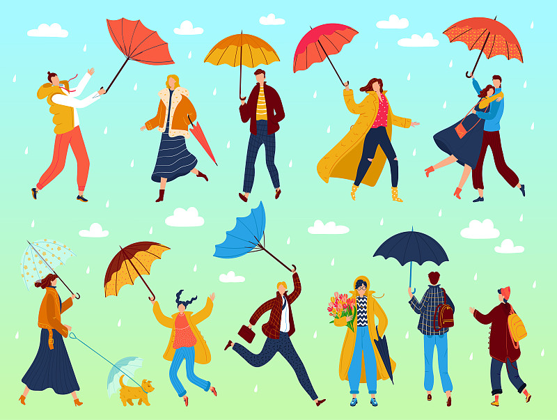 人,矢量,白昼,雨衣,春天,雨,男人,伞,绘画插图,女人
