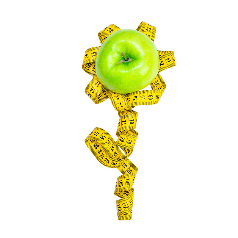 苹果,绿色,卷尺,清新,黄色,瘦身,概念,肥胖,白色背景,代表