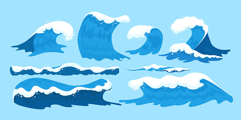 水,波浪,蓝色,矢量,卡通,海洋,绘画插图,泡沫材料,白色,分离着色