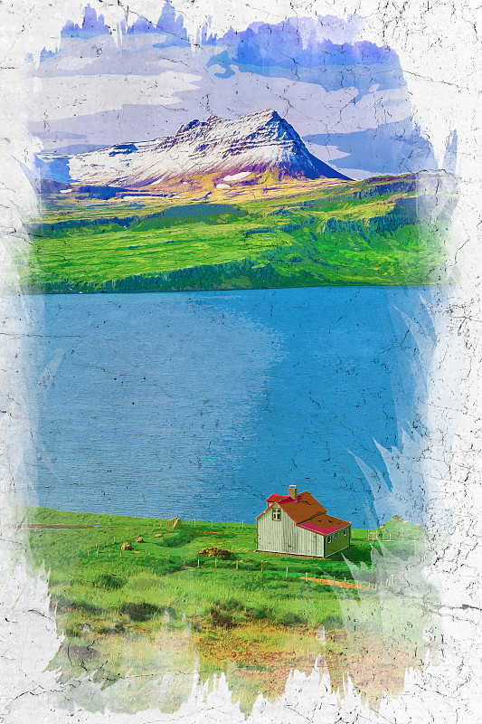 峡湾,冰岛国,小别墅,水彩画颜料,小的,北欧,农场,艺术品,草图,绘画插图