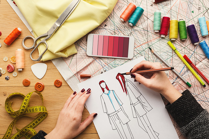 草图,设计师,女人,衣服,视角,专业人员,部分,纺织品,技术,创作行业
