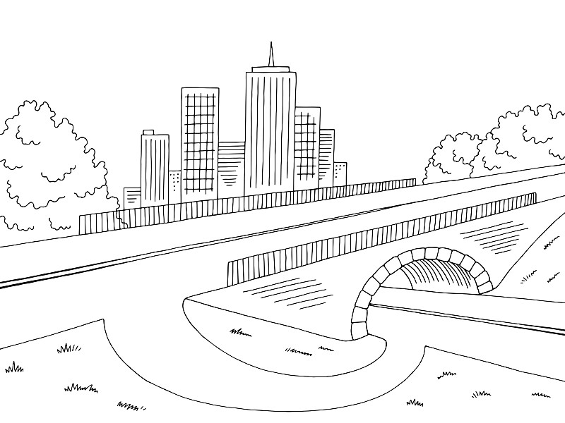 草图,绘画插图,城市,白色,矢量,路,地形,桥,黑色,插画