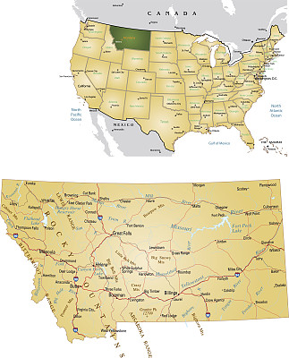 一张蒙大拿地图和一张显示其在美国位置的地图