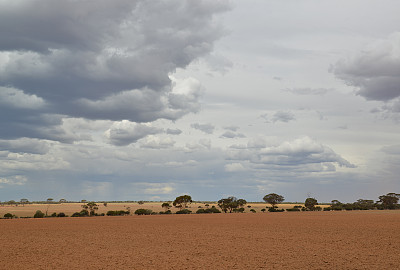 灰色的雨云接近干燥的褐色农田。