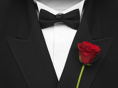 正式晚礼服，领结和红玫瑰