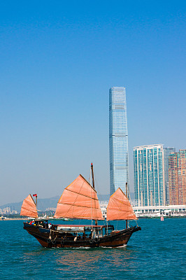 穿过香港港口的传统中国舢板