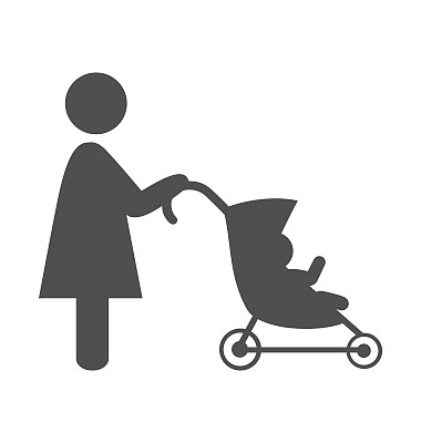 母亲用婴儿车的象形文字平孤立在白色的图标上