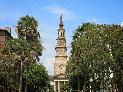 圣飞利浦圣公会教堂尖顶，棕榈树，查尔斯顿，南卡罗来纳