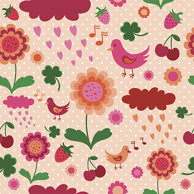无缝橙粉色图案，鸟，浆果和花。