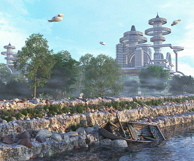 未来之城与飞行的宇宙飞船