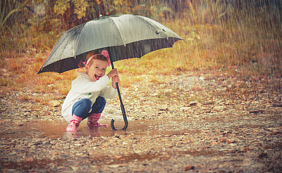 快乐的小女孩撑着伞在雨中洒落大自然