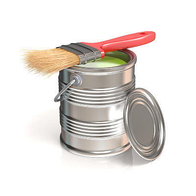 金属锡罐与绿色油漆和油漆刷。侧视图