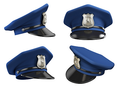 从不同角度的警察帽3d插图