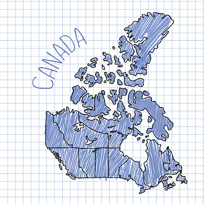 蓝笔手绘加拿大地图矢量纸插图