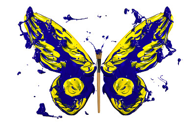 蓝色和黄色的飞溅油漆做成了蝴蝶