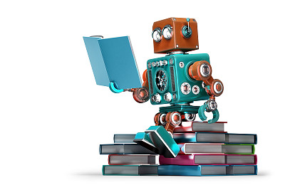 复古机器人看书。孤立。包含剪切路径